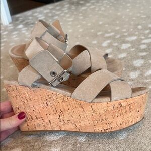 Marc Fisher-Beige Suede Cork Wedge Sandals - Women's Platform Heels